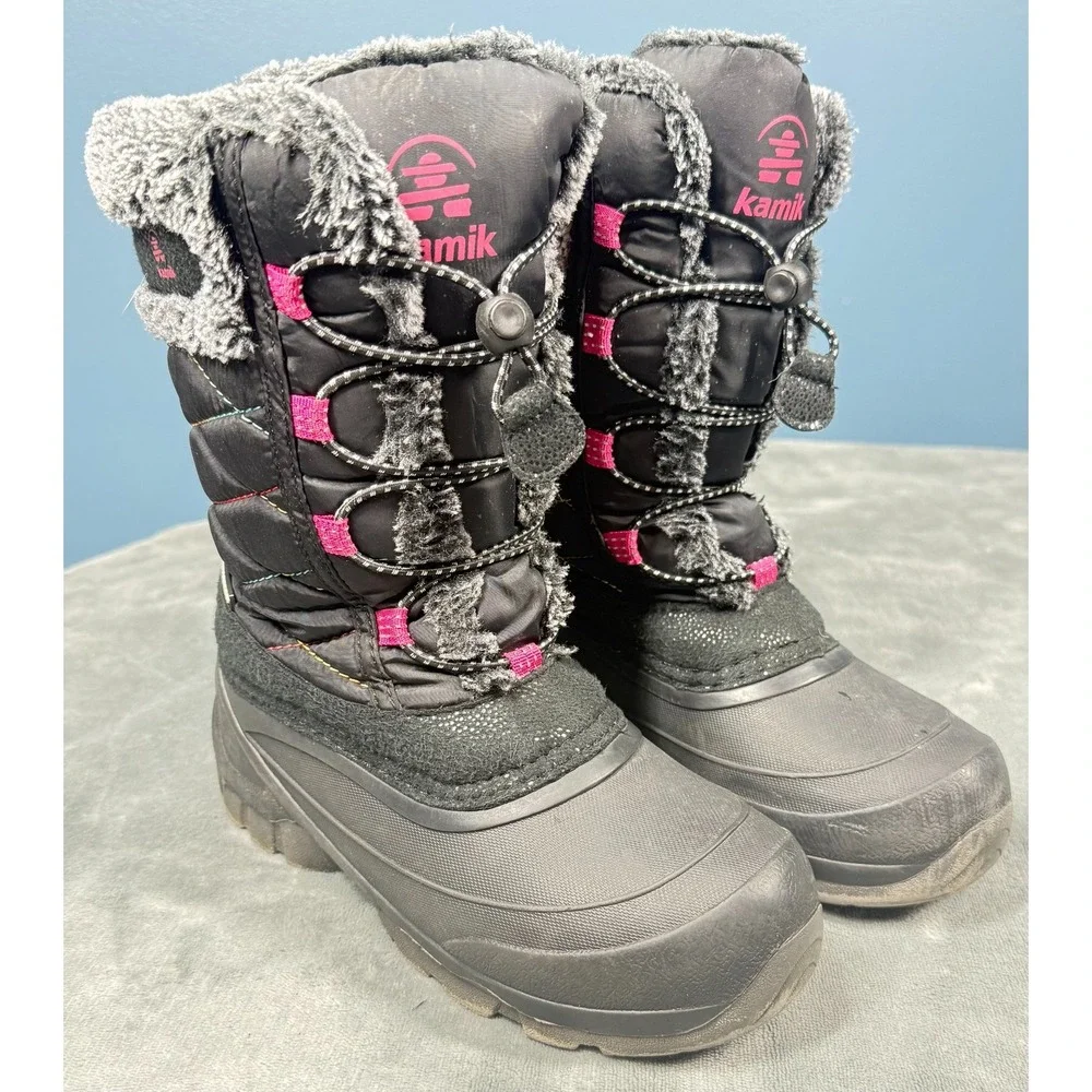 Kamik Star3 Snow Boots Girls 3 Black Pink Faux Fur Waterproof Winter